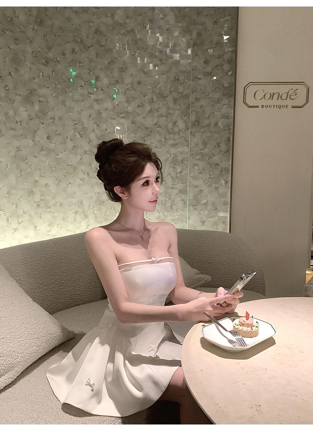 💕簡約氣質名媛緞面抹胸蝴蝶結連身裙