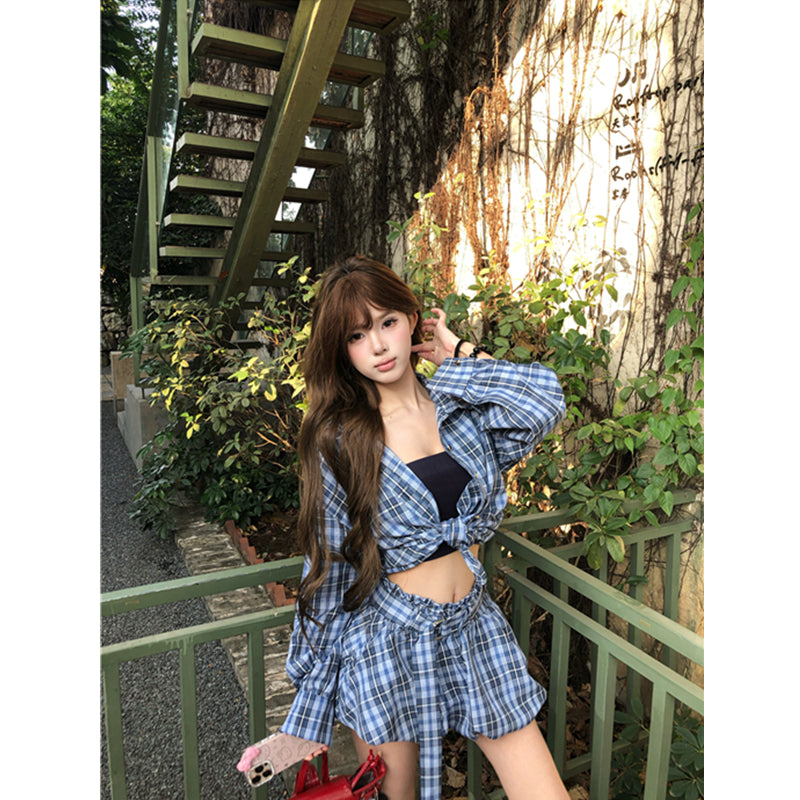 💕藍調風復古格紋襯衫短款褲裙兩件套