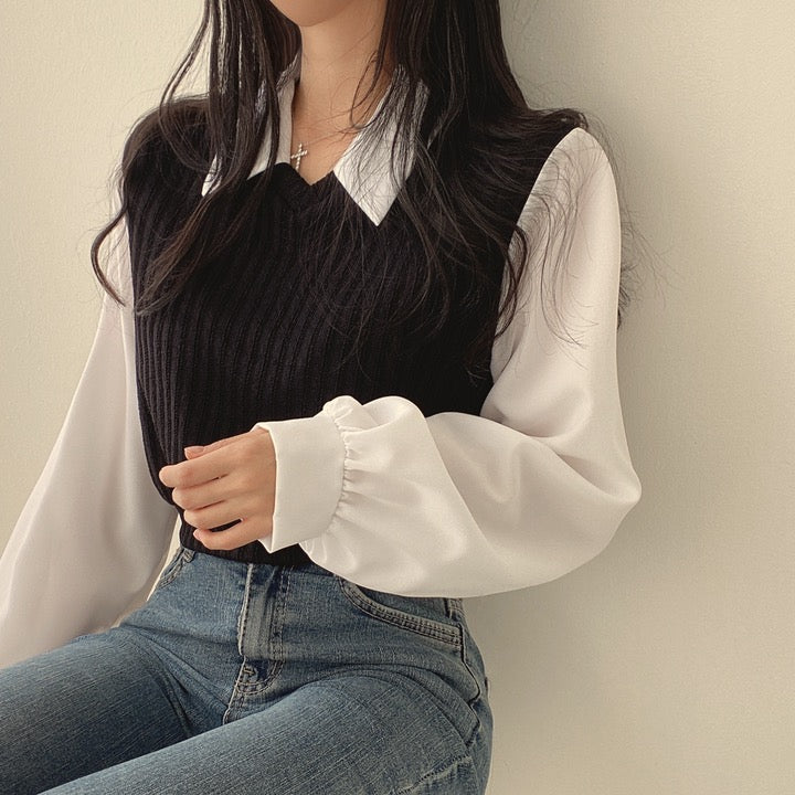 💕chic韓系假兩件拼接襯衫上衣