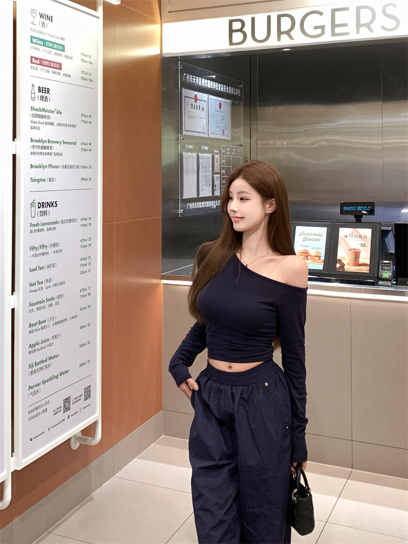 💕簡約通勤絕美基礎款斜肩磨毛上衣