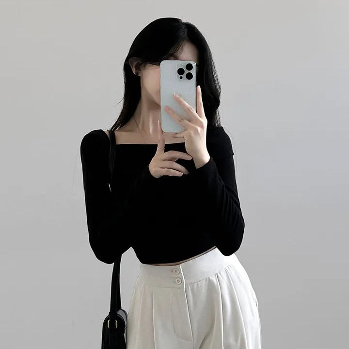 💕chic秋季長袖打底小心機露鎖骨上衣