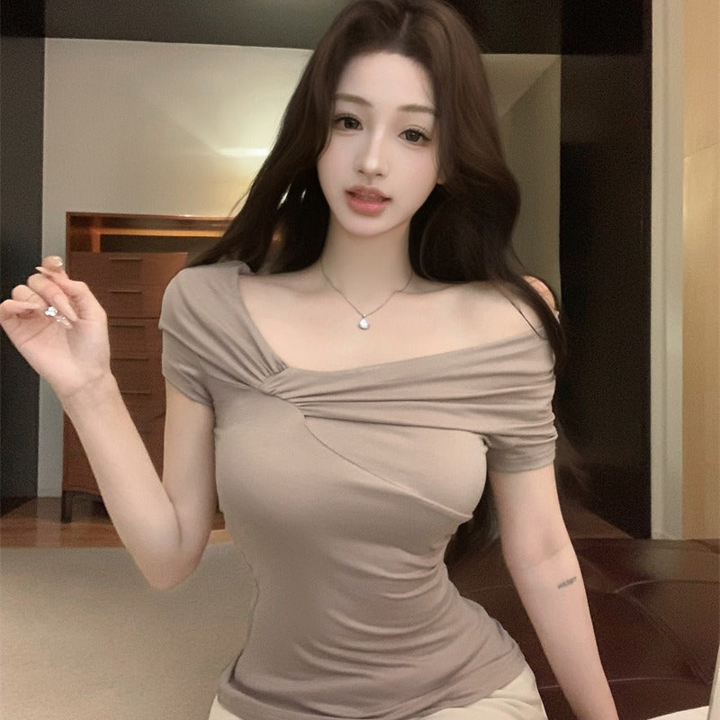 💕百搭簡約不規則一字肩修身純欲上衣