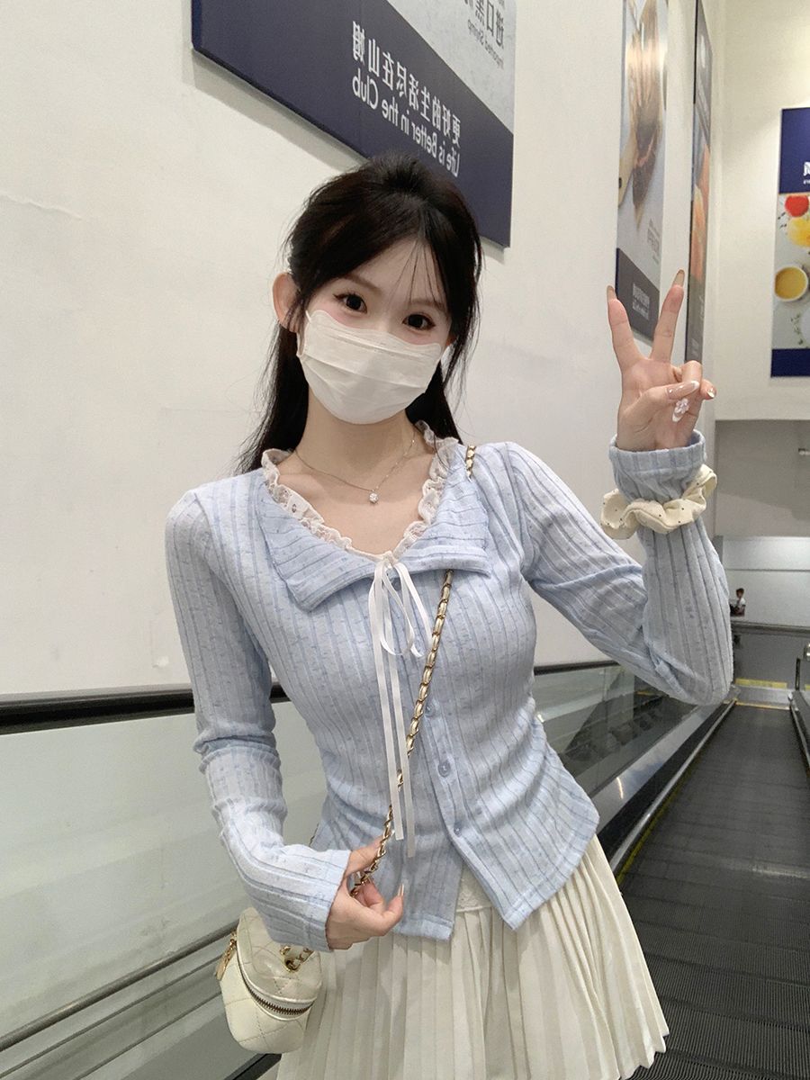 💕溫柔雪花條磨毛純欲藍色蕾絲假兩件上衣