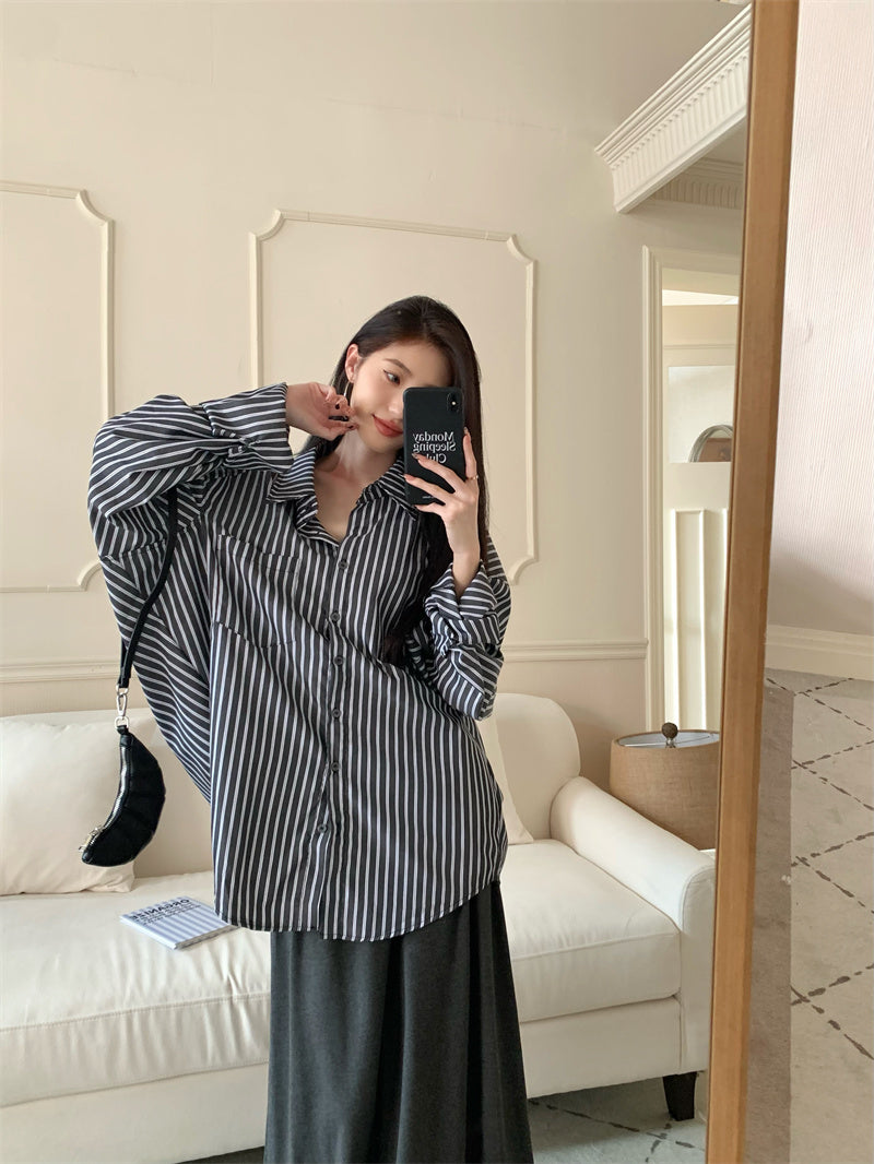 💕休閒條紋口袋襯衫撞色上衣套裝