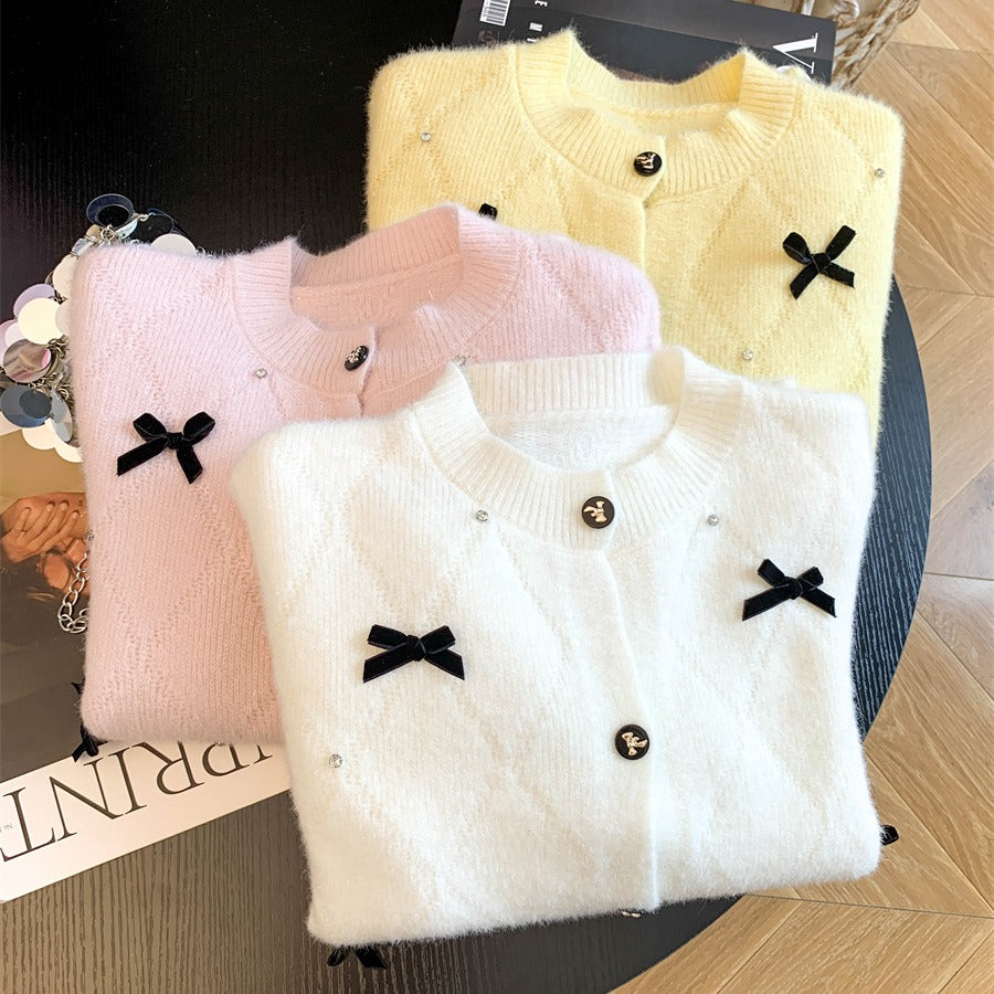 💕韓系軟糯立體蝴蝶結釘珠針織開衫毛衣