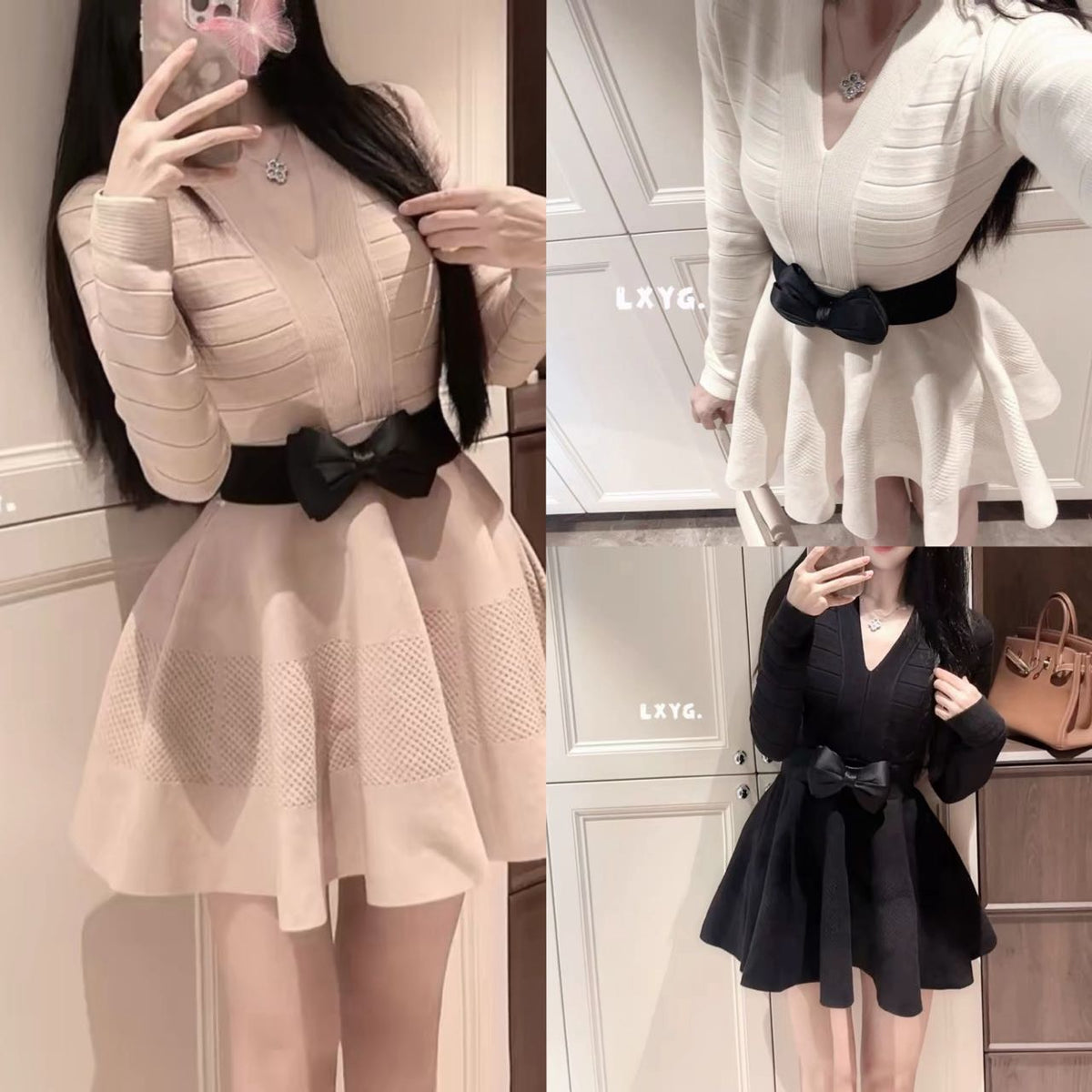 💕法式名媛V領蝴蝶結針織收腰澎澎短裙