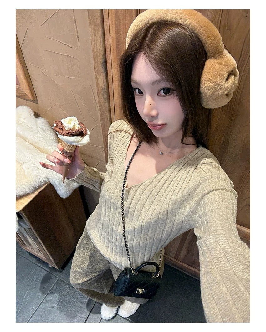 💕簡約百搭通勤V領針織打底修身顯瘦上衣