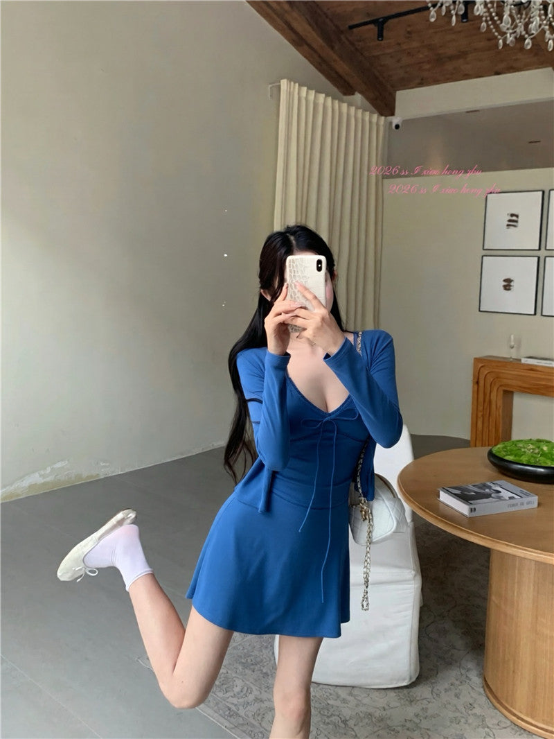 💕休閒氣質純色開衫收腰吊帶連衣裙兩件套