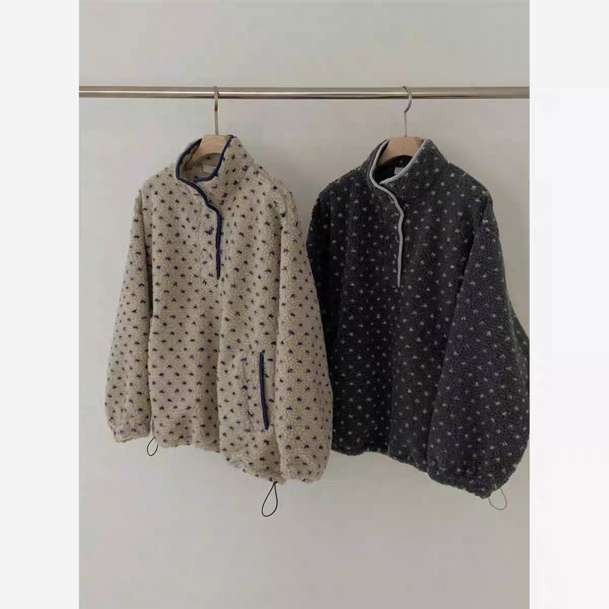 💕ins風立領點點搖粒絨休閒寬鬆衛衣