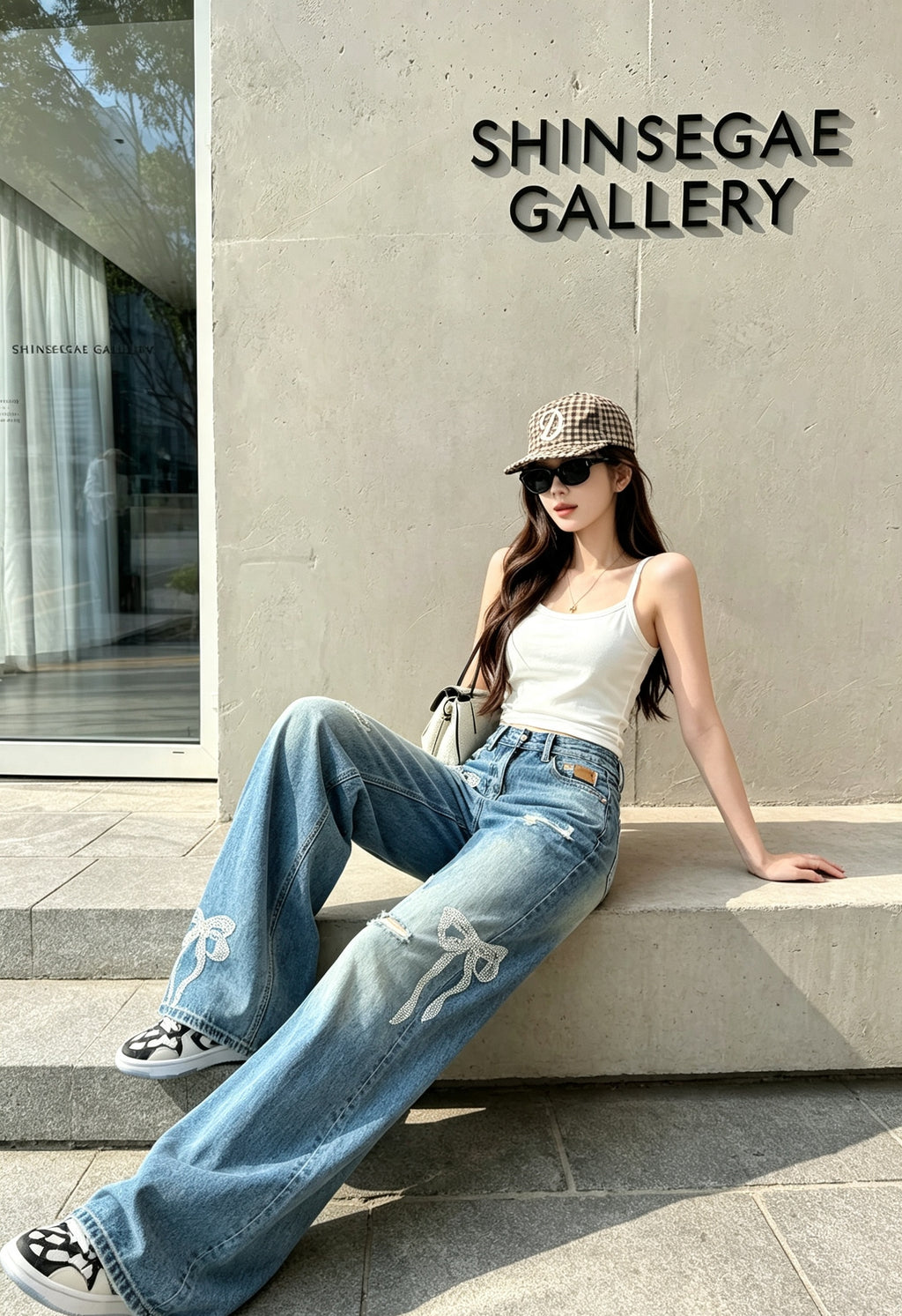 💕韓系蝴蝶結印花燙鑽直筒牛仔顯瘦破洞長褲
