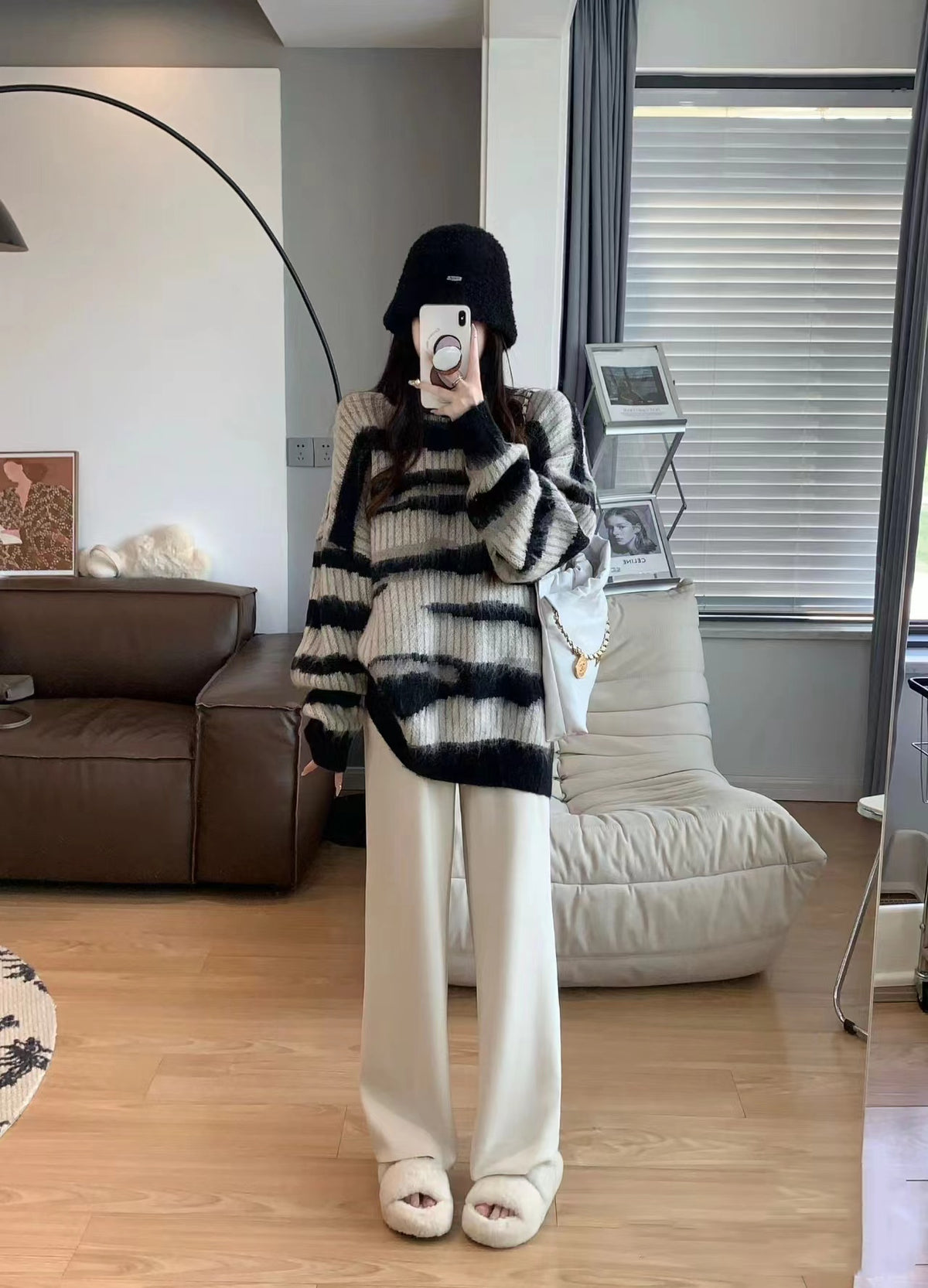 💕韓系ins秋冬撞色條紋慵懶中長毛衣針織衫