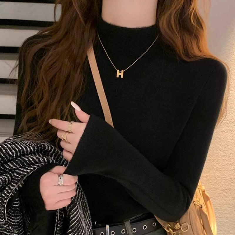 💕秋冬簡約內刷毛半高領別緻保暖上衣