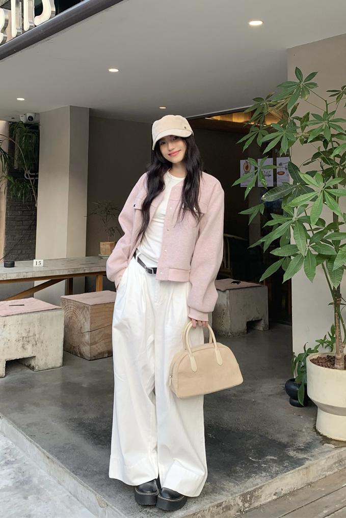 💕韓系通勤粉色棒球短款毛呢外套