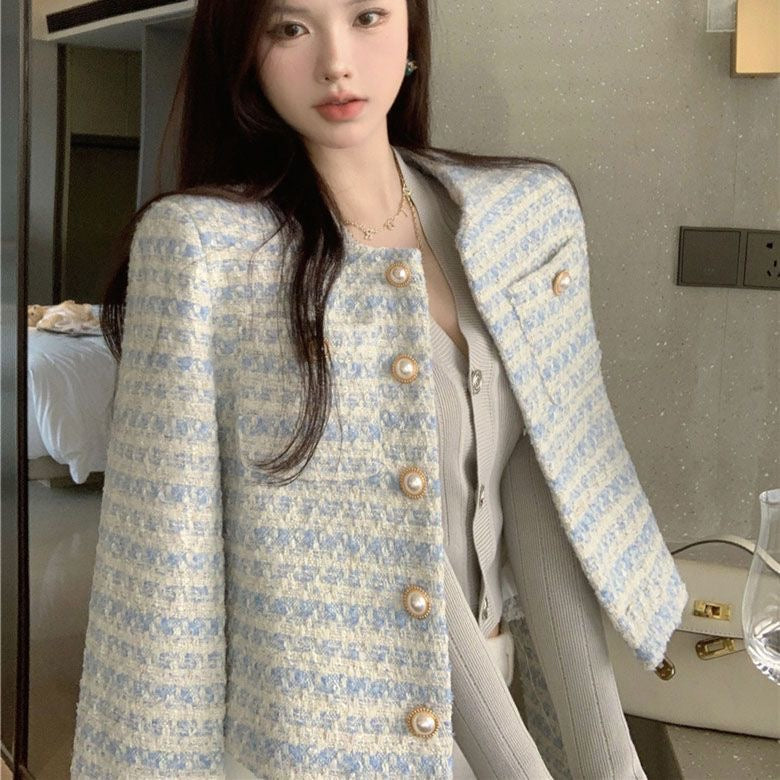 💕法式氣質短款名媛藍白格圓領珍珠扣毛呢上衣