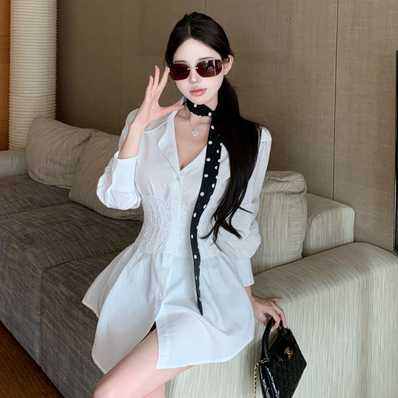 💕辣妹翻領單排扣長款長袖襯衫+蕾絲魚骨綁帶