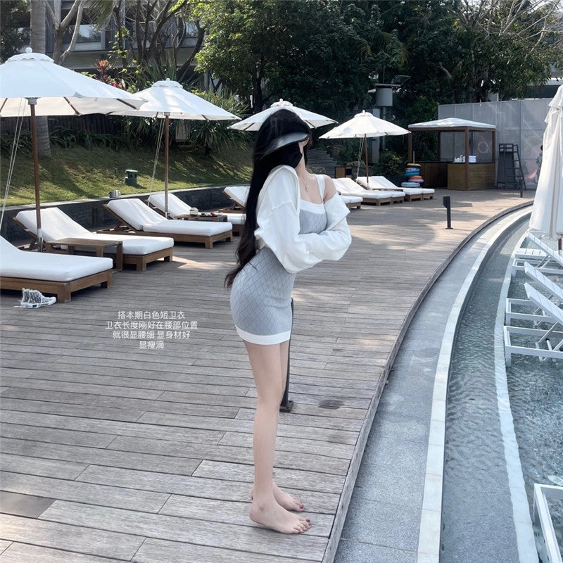 💕韓系撞色拼接吊帶冰絲連身裙