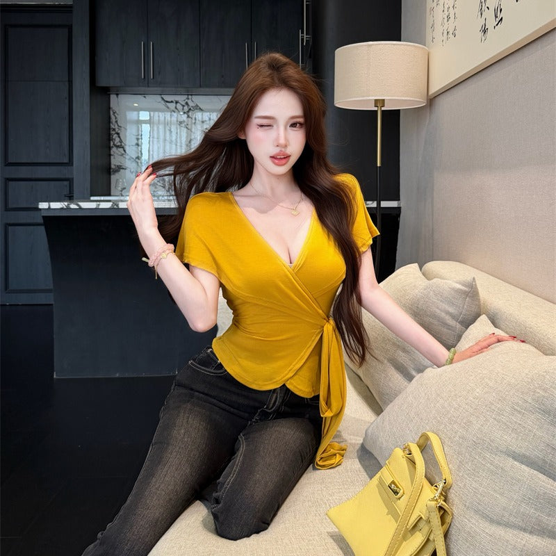 💕氣質優雅交叉V領綁帶T袖上衣