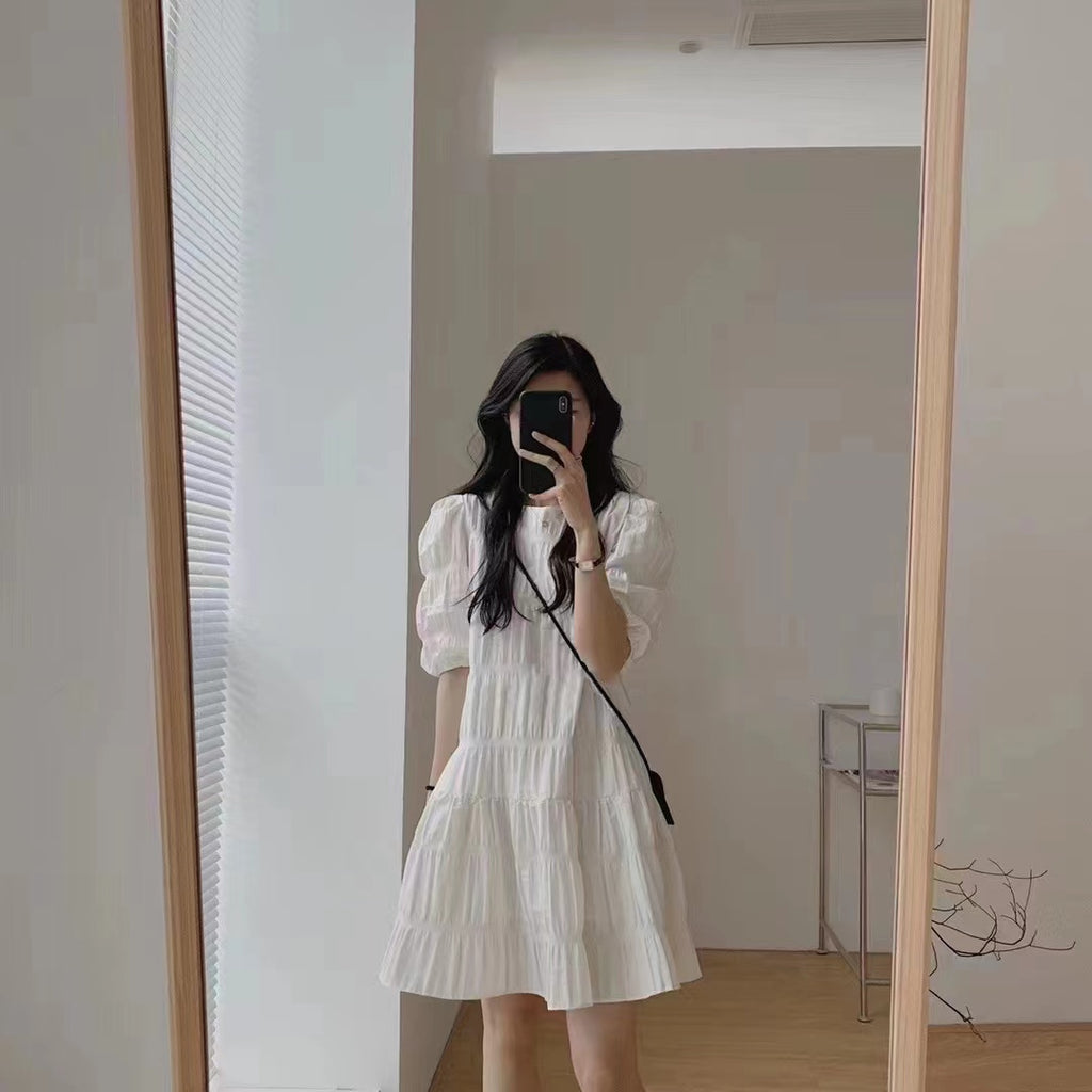 💕慵懶氣質小眾褶皺泡泡袖法式連衣裙