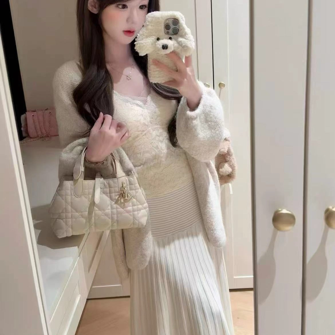 💕韓系秋冬慵懶寬鬆V領針織毛衣背心半身裙三件套