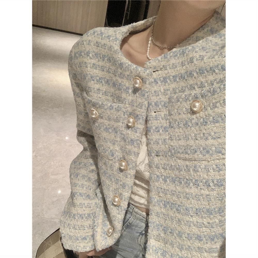 💕法式氣質短款名媛藍白格圓領珍珠扣毛呢上衣