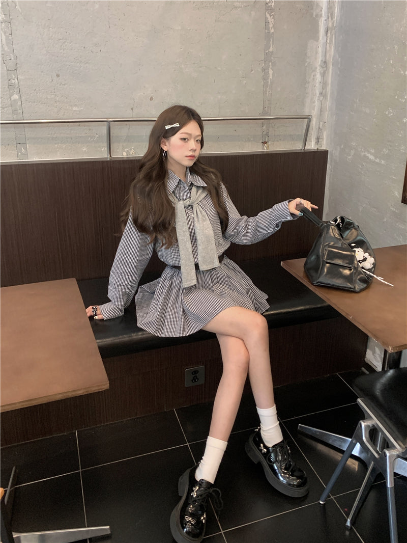 💕韓系格子襯衫連衣裙+連帽披肩配腰帶