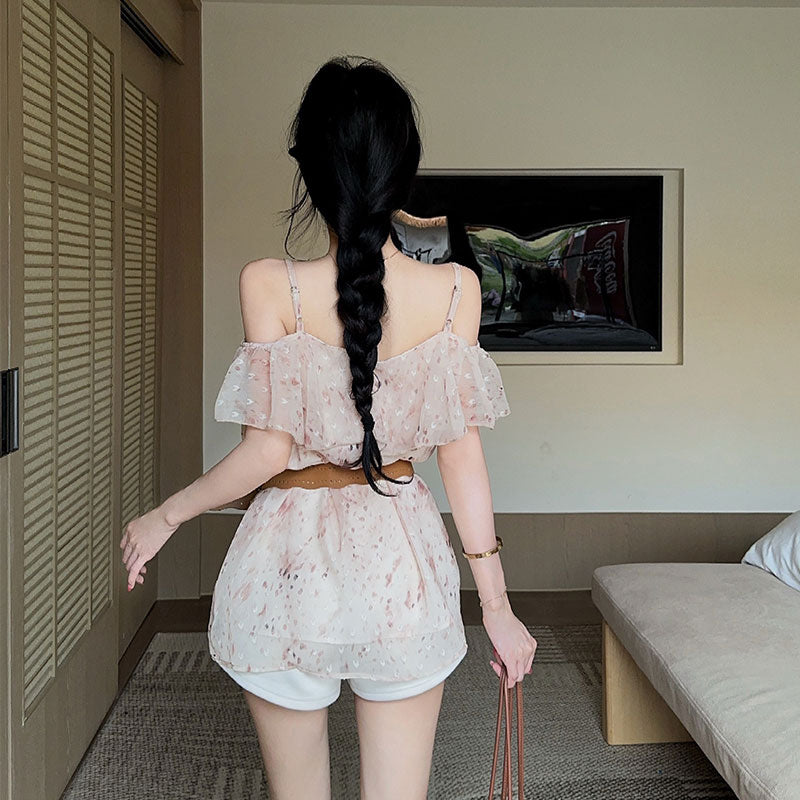 💕溫柔理肌感印花荷葉邊無袖上衣配皮帶