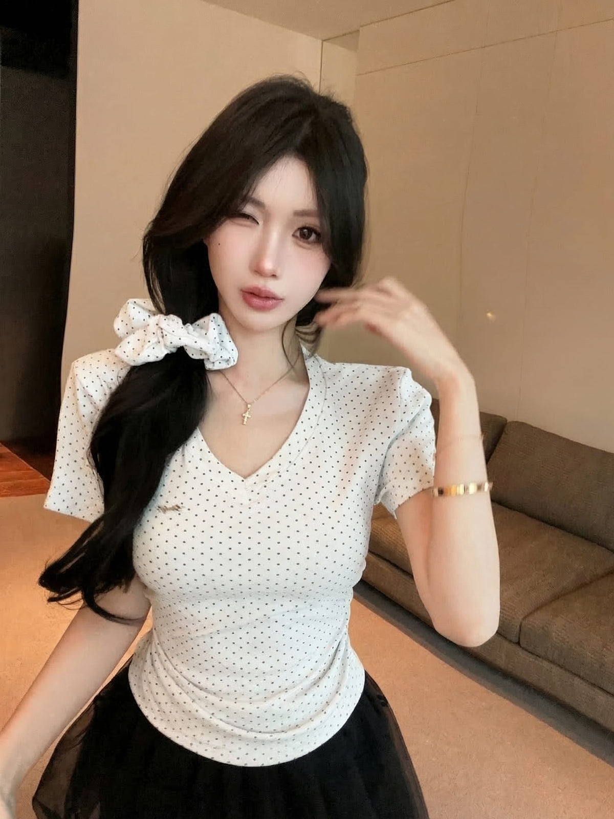 💕氣質星星點點V領短袖上衣