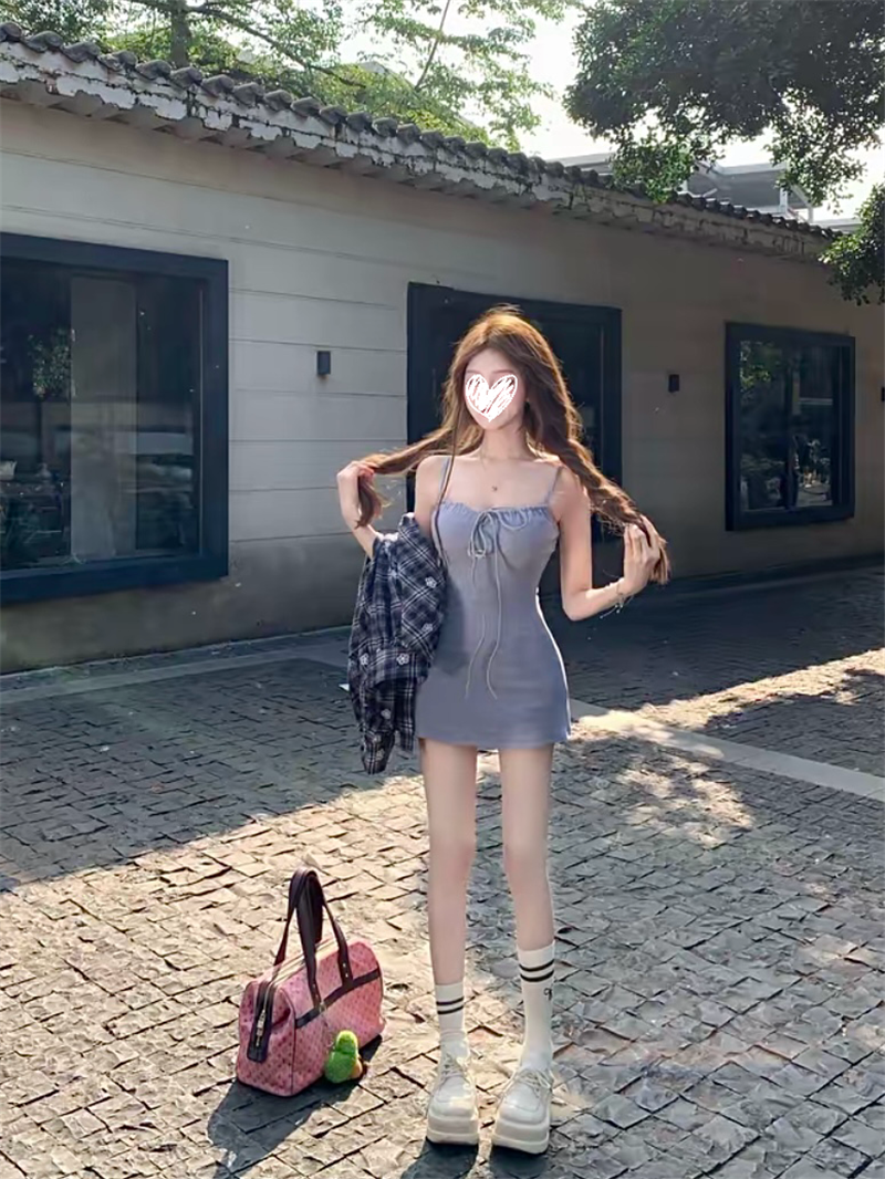 💕ins系慵懶假日格子襯衫吊帶連衣裙