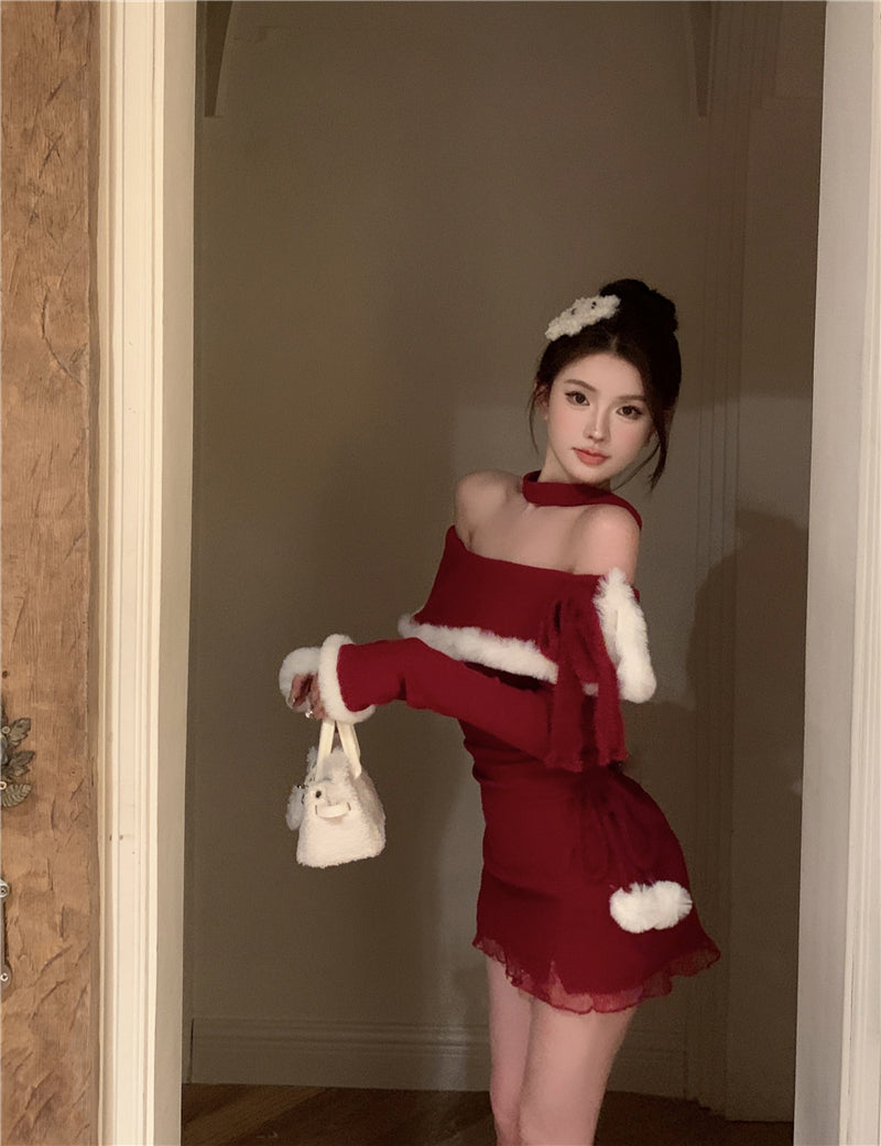 💕法式秋冬聖誕氣息掛脖毛邊包臀短裙