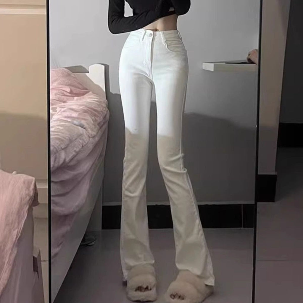 💕春夏白色顯瘦高腰喇叭牛仔褲
