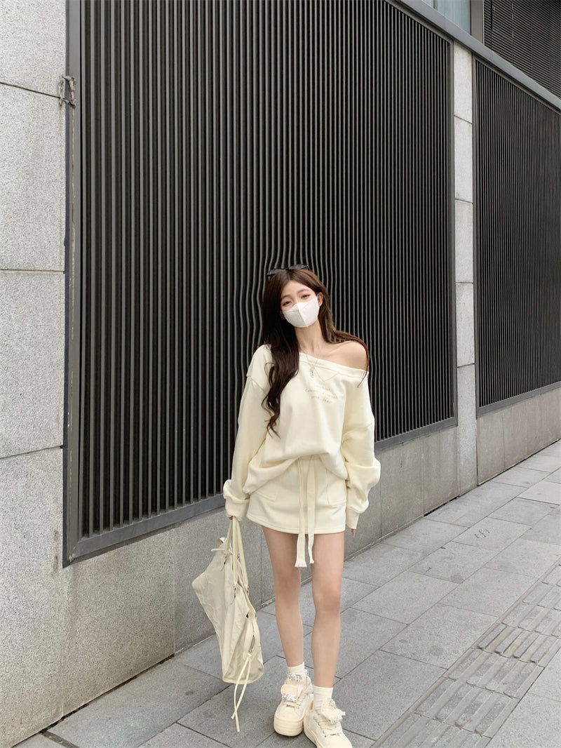 💕休閒簡約百搭一字肩印花長袖衛衣套裝