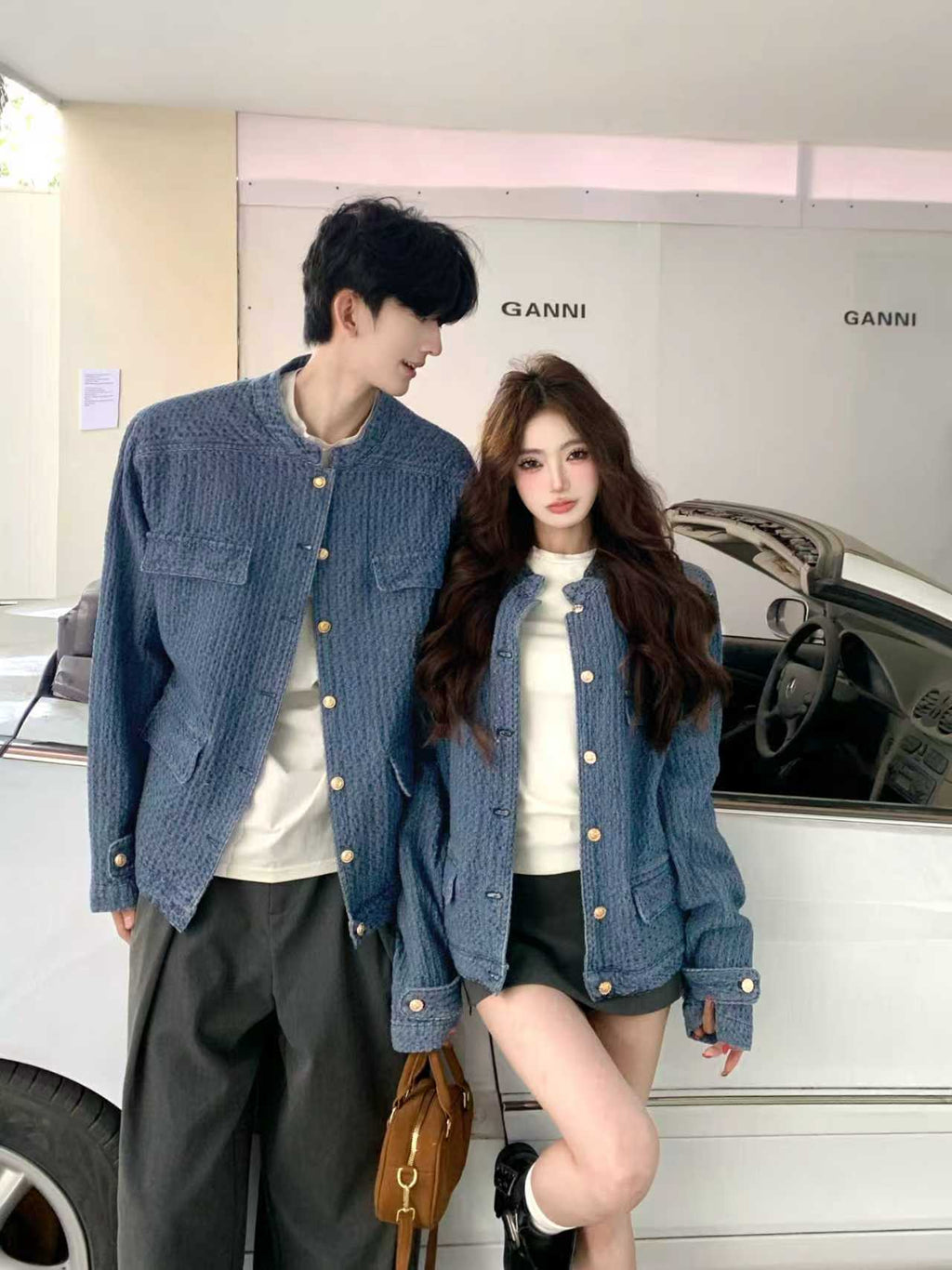 💕高級感氣質小香風牛仔立領夾克情侶裝外套