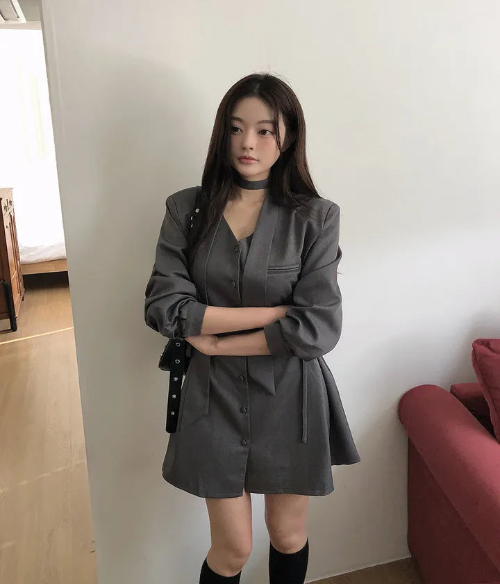 💕ins系V領圍脖系帶收腰單排扣西裝連衣裙