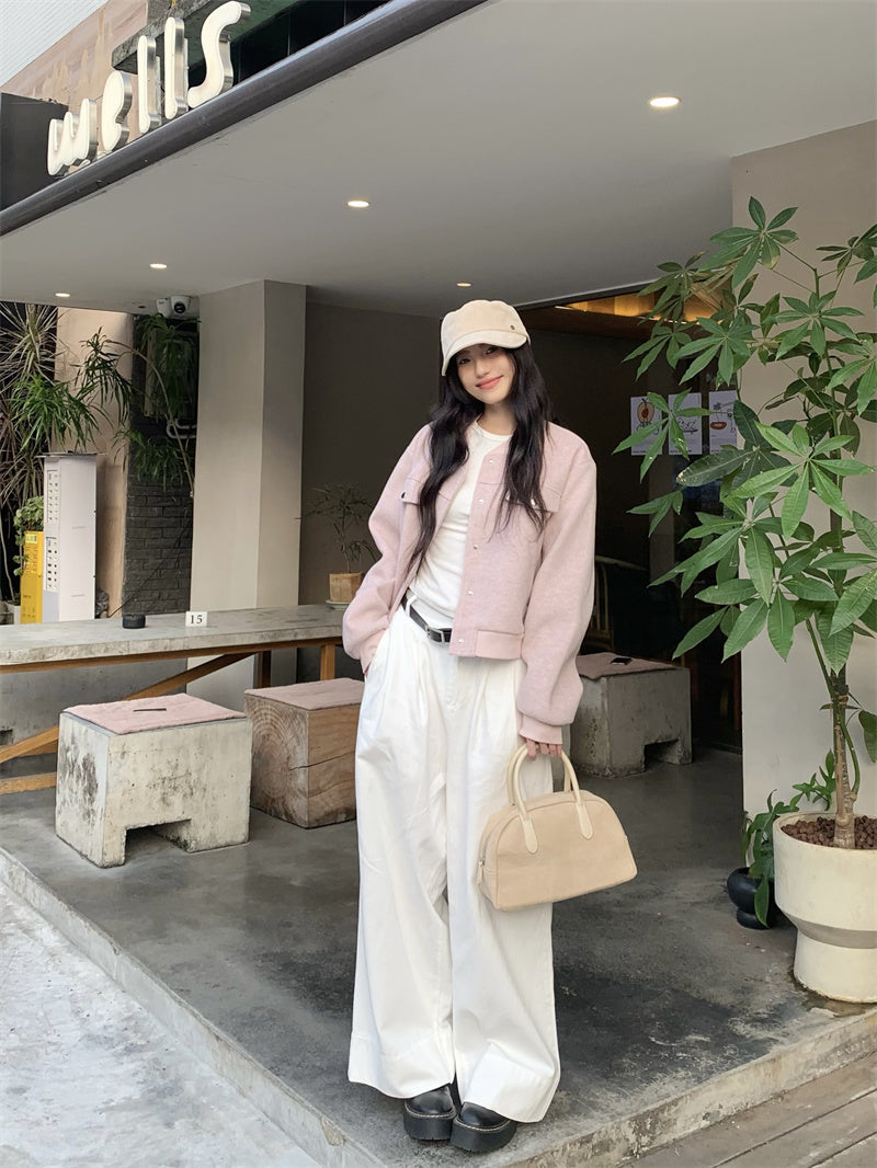 💕韓系通勤粉色棒球短款毛呢外套