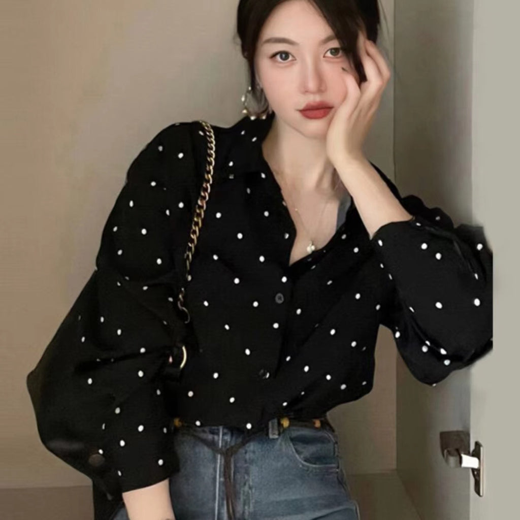 💕法式chic復古翻領撞色點點寬鬆襯衫