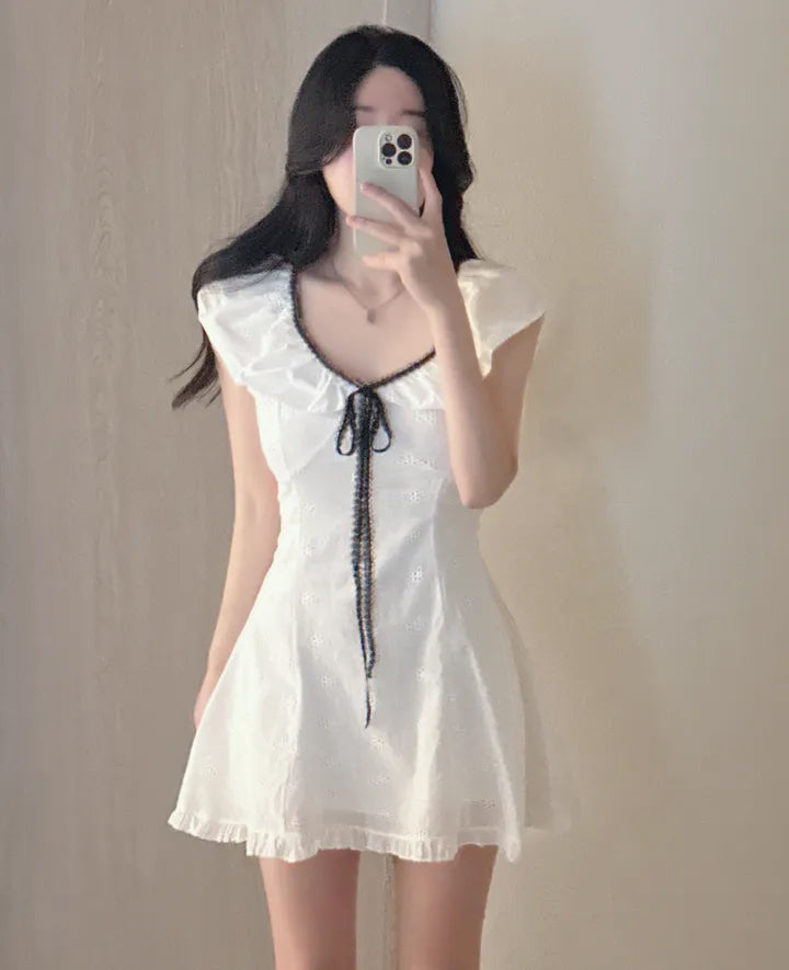 💕chic收腰顯瘦蝴蝶結系繩連衣裙