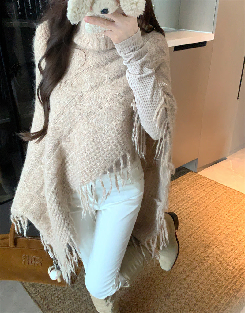 💕法式溫柔斗篷披肩氛圍感高領上衣