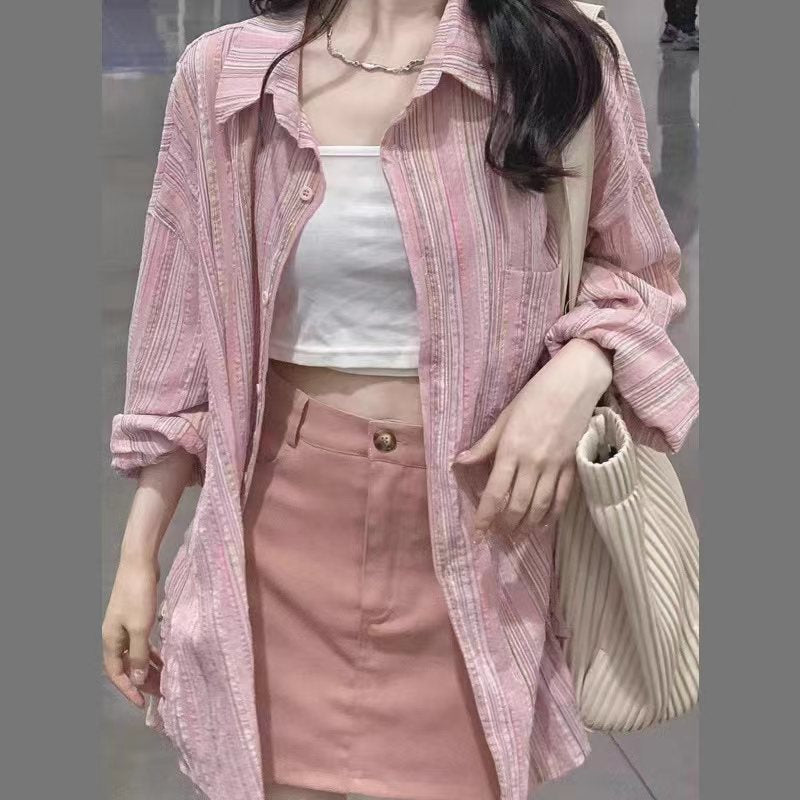 💕氣質溫柔細粉色條紋襯衫外套外搭