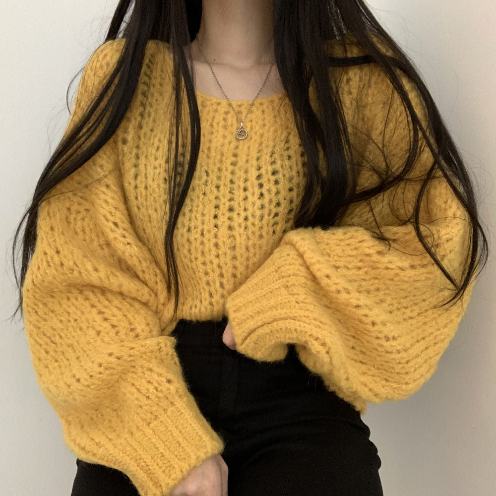 💕韓系chic春秋百搭寬鬆燈籠袖針織上衣