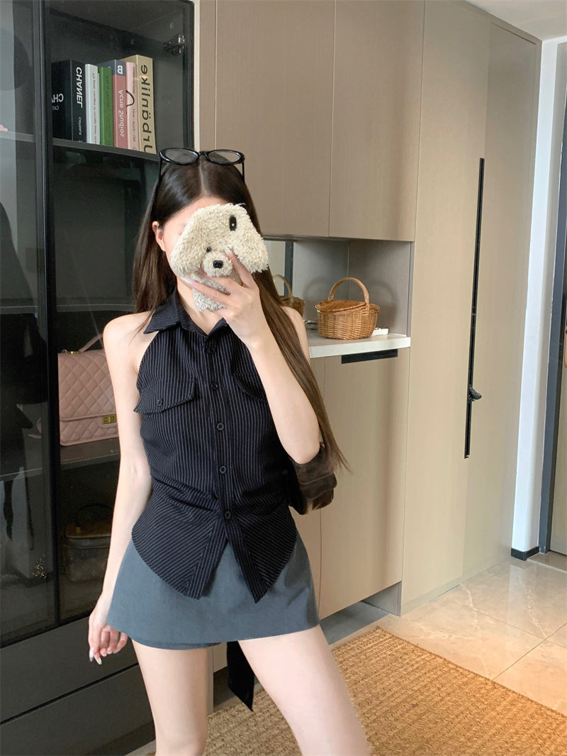 💕法式條紋露背收腰無袖上衣