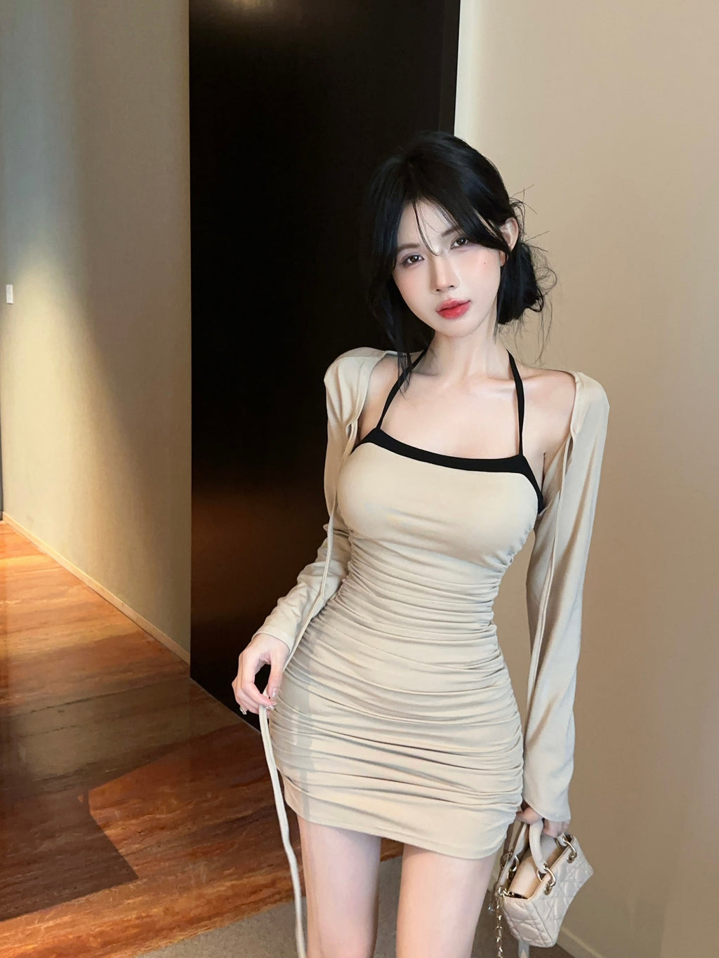 💕拚色系繩多種穿法包臀連身短裙+長袖短款罩衫兩件套