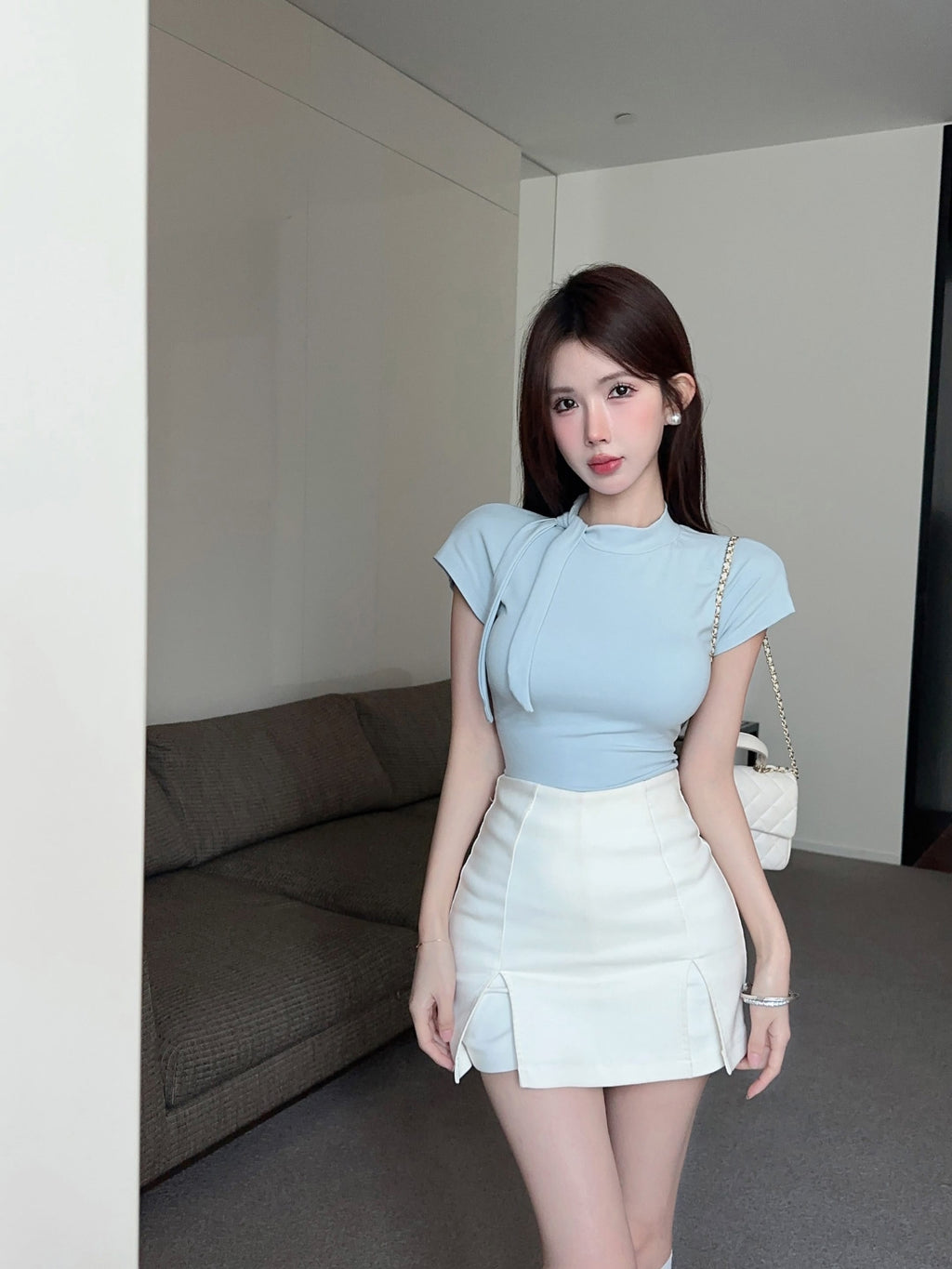 💕夏季設計款系帶圍巾領T袖上衣