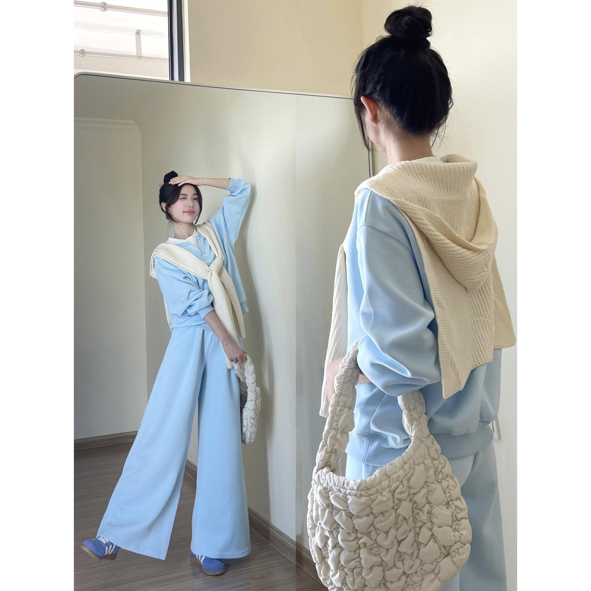 💕高級感毛織披肩霧霾藍休閒兩件套