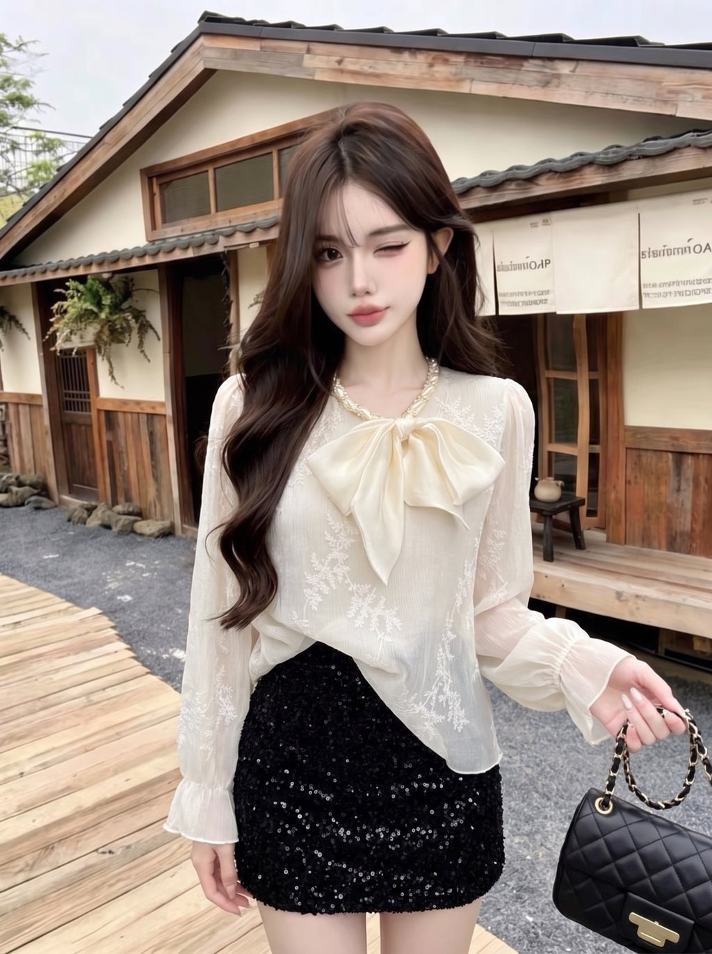 💕法式溫柔蝴蝶結長袖襯衫杏色上衣