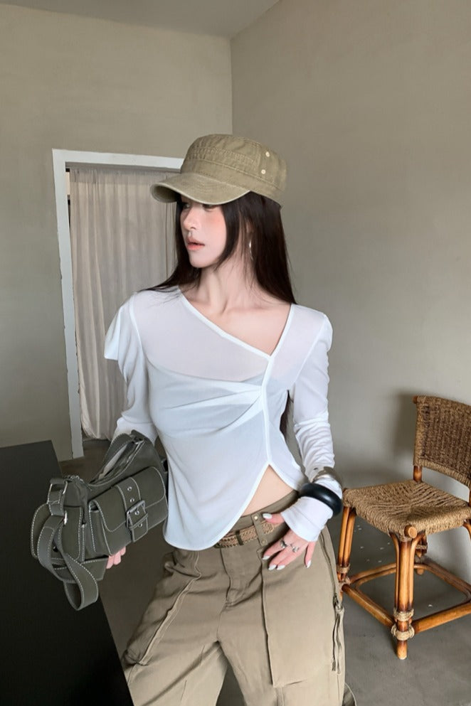 💕chic復古不規則斜領長袖短款不對襯上衣