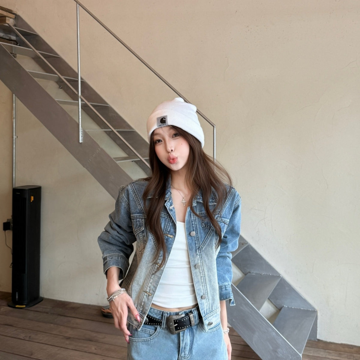 💕韓系高級復古水洗磨白漸變短款牛仔外套