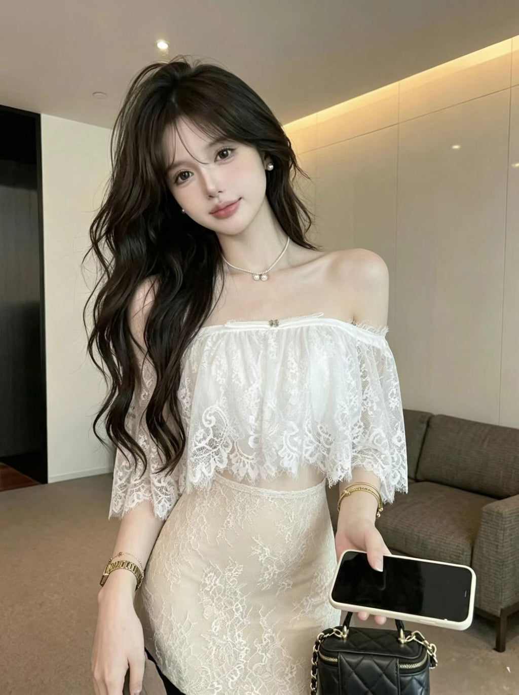 💕絕美白色蕾絲抹胸上衣配高腰包臀短裙套裝