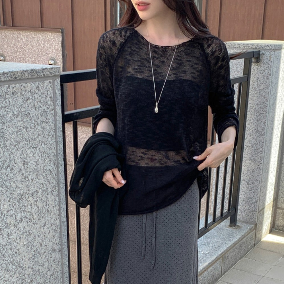 💕韓系慵懶捲邊寬鬆純色中長針織罩衫