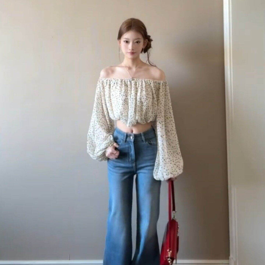💕法式小資漂亮一字肩點點短款別緻上衣