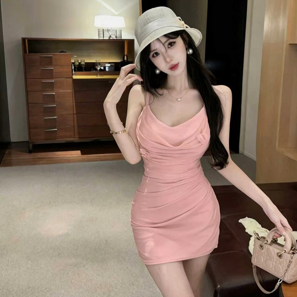 💕甜美性感褶皺修身吊帶連衣裙+開衫